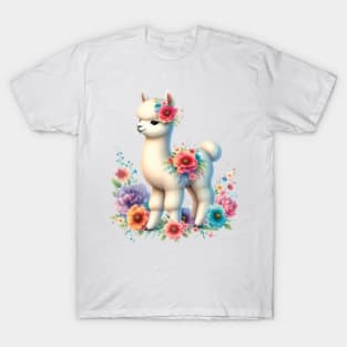 An alpaca decorated with beautiful colorful flowers. T-Shirt